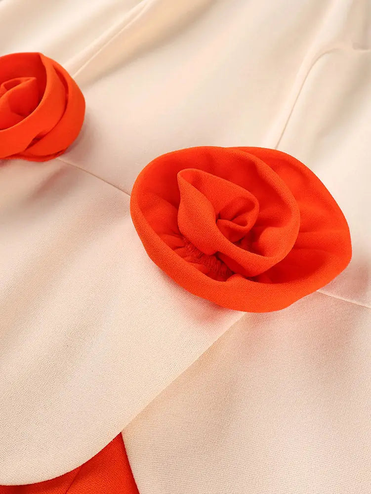 AOMEIDRESS Bodycon Colorblock Dresses O Neck Short Sleeves 3D Flower