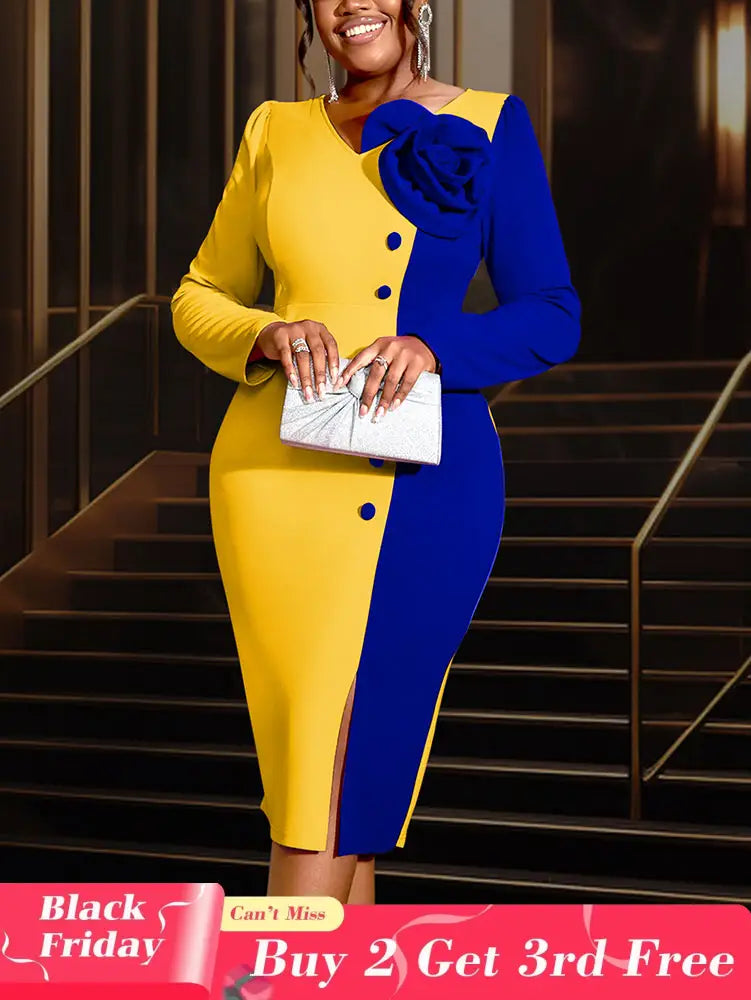 AOMEIDRESS Bodycon Colorblock Party Dress With 3D Flower Long Sleeve Yellow / S