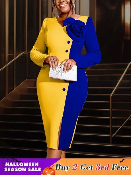 AOMEIDRESS Bodycon Colorblock Party Dress With 3D Flower Long Sleeve Yellow / S