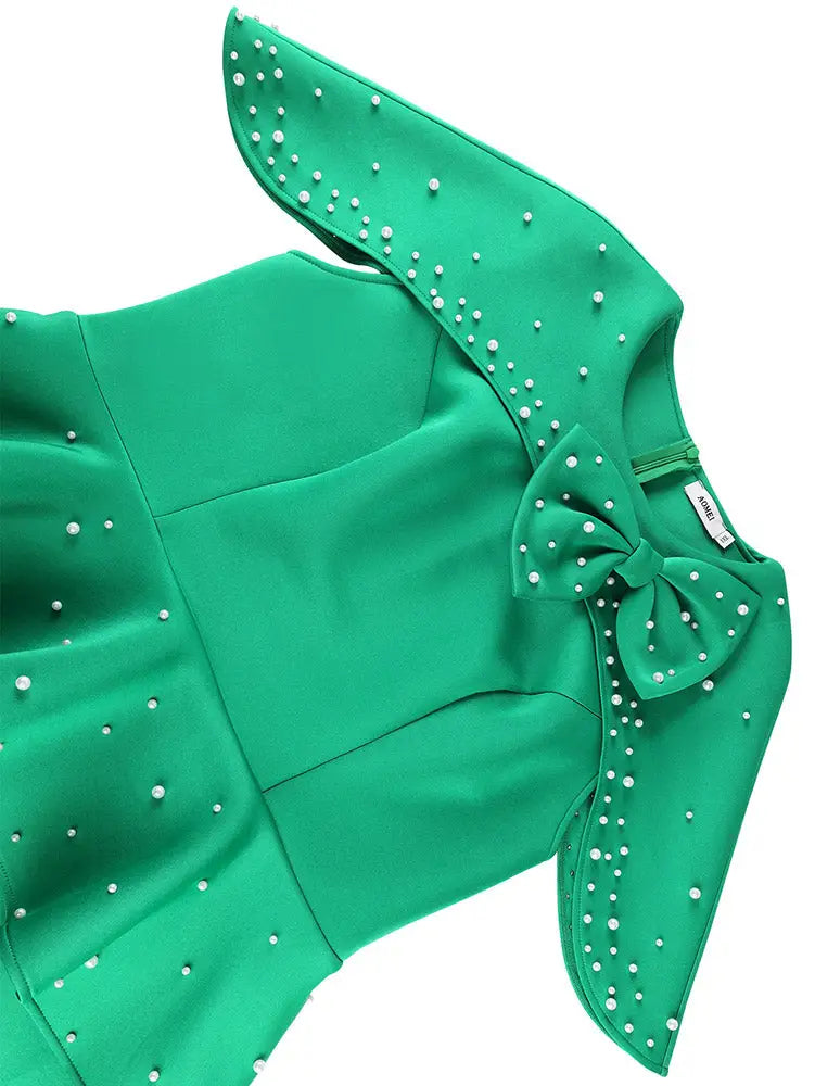 AOMEIDRESS Bodycon Dress Beading O Neck Cape Sleeves 3D Bow Ruffles