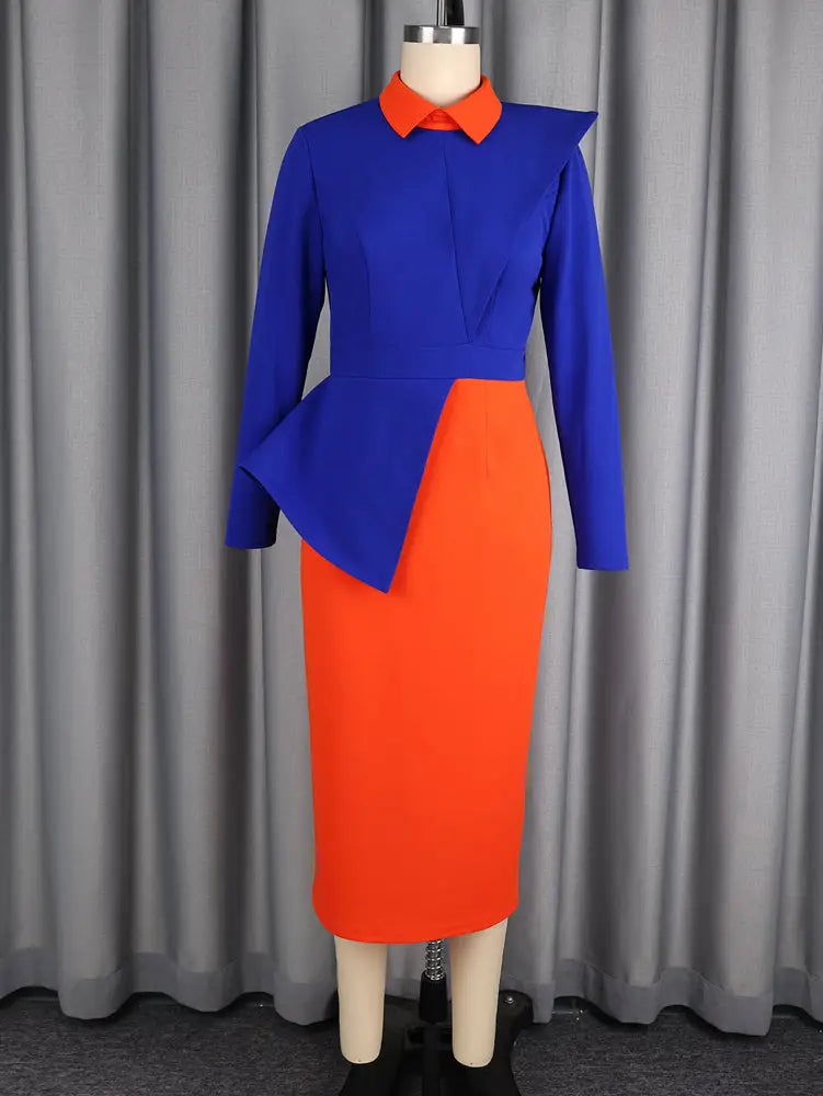 AOMEIDRESS Bodycon Dress Contrast Collar Long Sleeve Peplum Office