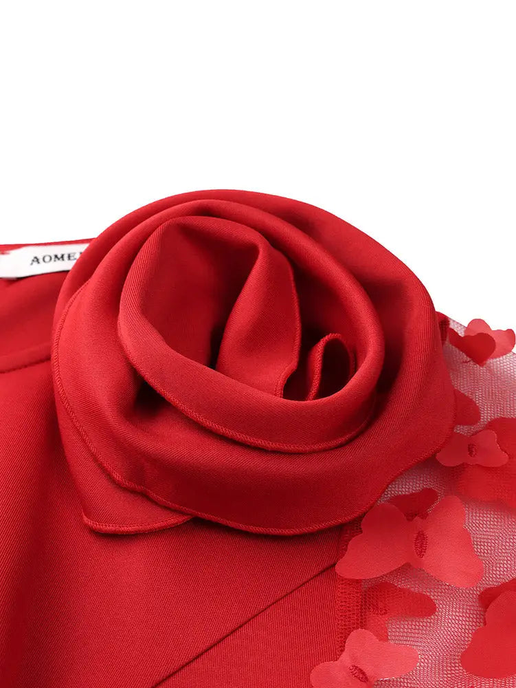 AOMEIDRESS Bodycon Dress O Neck Sheer Sleeves with 3D Flower Ruffles