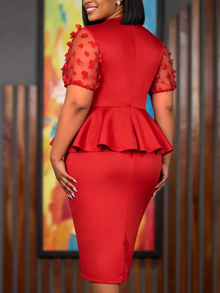 AOMEIDRESS Bodycon Dress O Neck Sheer Sleeves with 3D Flower Ruffles