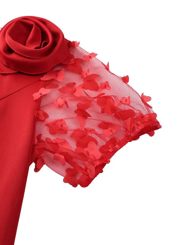 AOMEIDRESS Bodycon Dress O Neck Sheer Sleeves with 3D Flower Ruffles