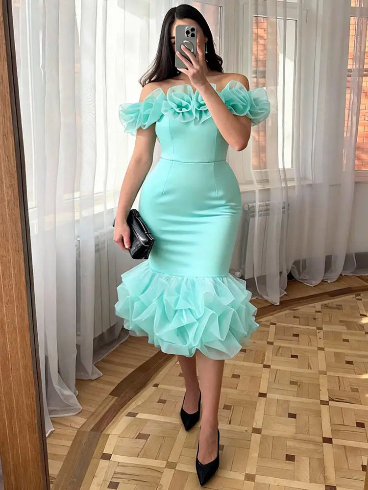 AOMEIDRESS Bodycon Dress Off Shoulder Tiered Ruffled Patchwork Mesh - MintGreen / S
