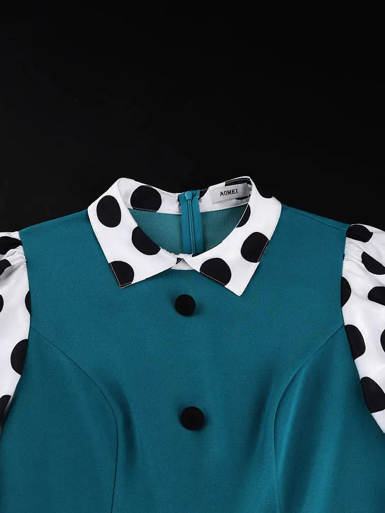 AOMEIDRESS Bodycon Dress Polka Dots Colorblock Turndown Collar Button
