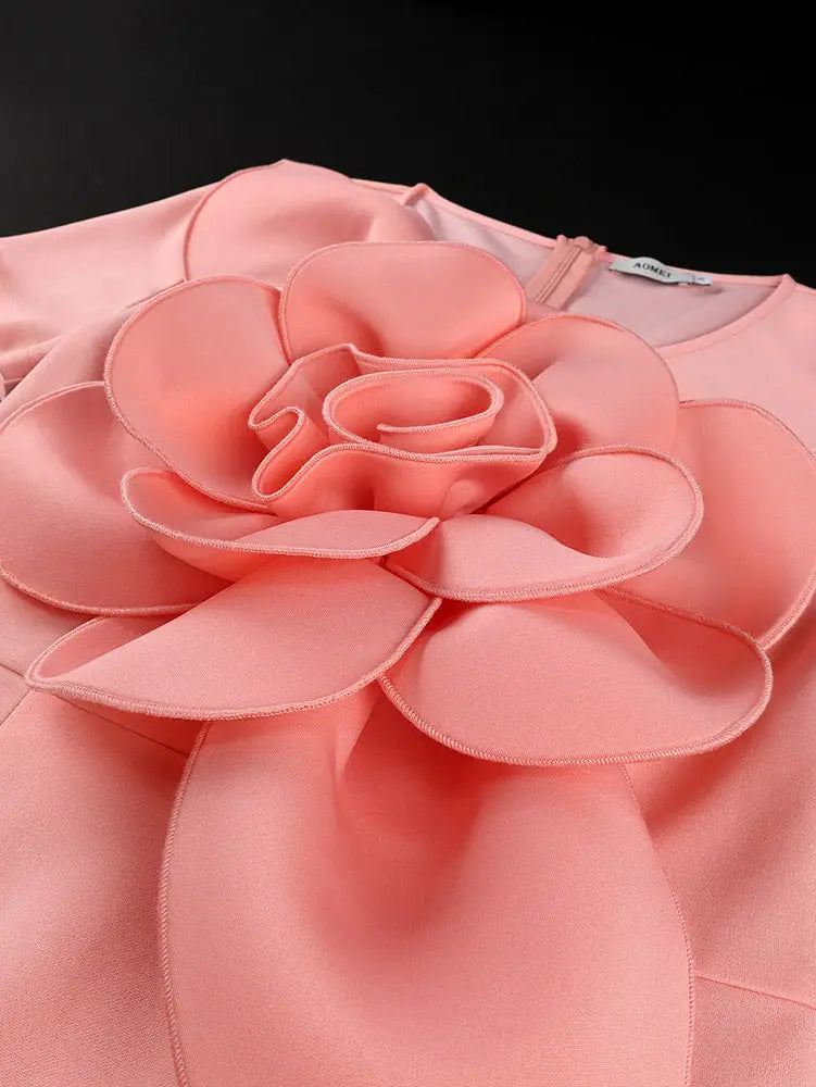 AOMEIDRESS Bodycon Dresses O Neck Short Sleeves Big 3D Flower Party