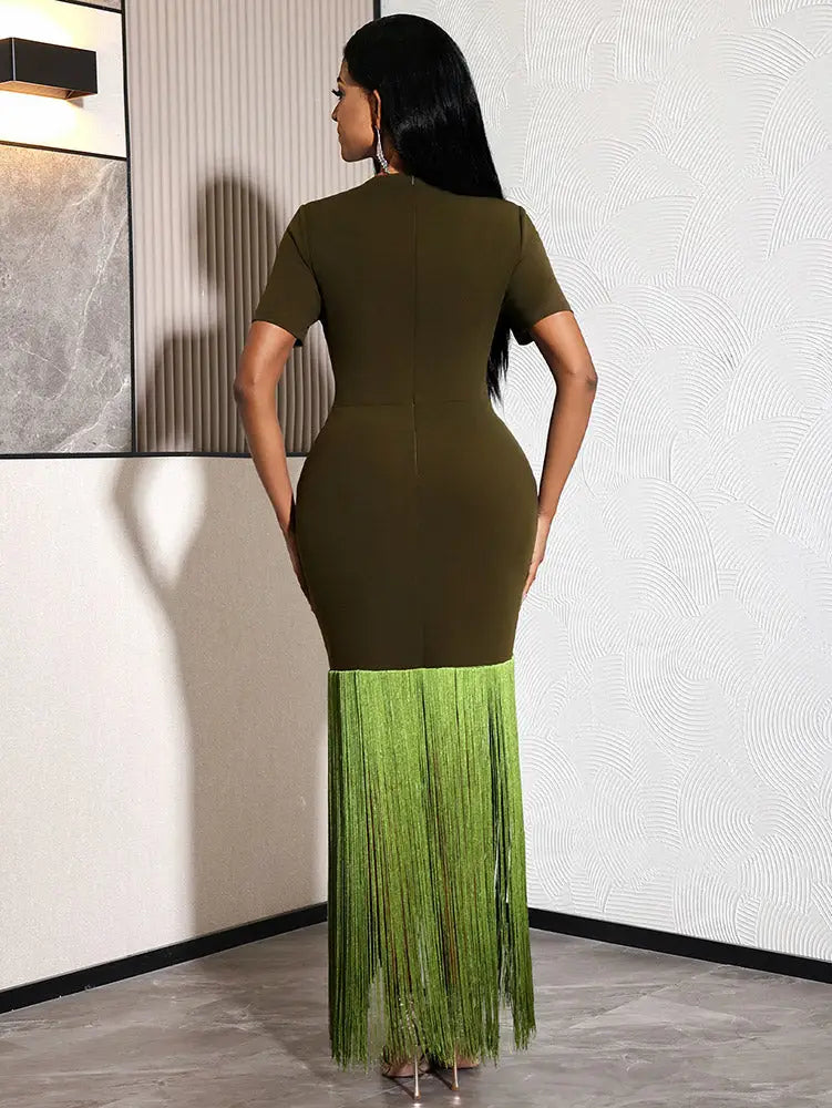 AOMEIDRESS Bodycon Fringe Dress Irregular Cutout Neck Short Sleeves