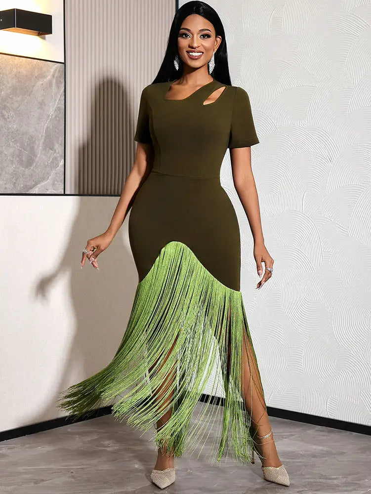 AOMEIDRESS Bodycon Fringe Dress Irregular Cutout Neck Short Sleeves