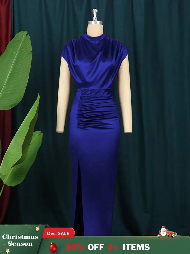 Navy Blue Ruched Long Dress