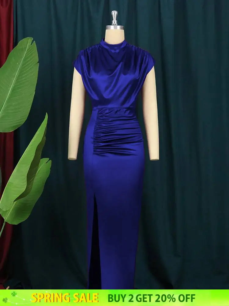 Navy Blue Ruched Long Dress