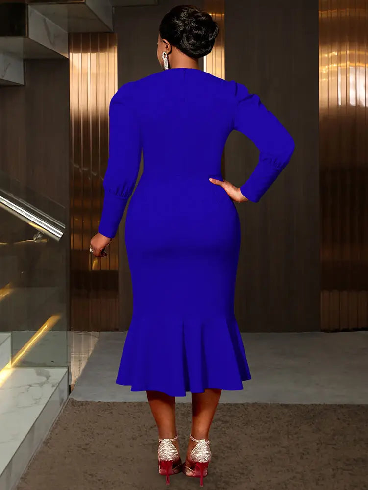 Package Hip Mermaid Dress V Neck Embroidered Puff Sleeve for Party