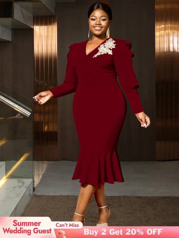 AOMEIDRESS Bodycon Mermaid Dress V Neck Embroidered Puff Sleeve Party Wine / S
