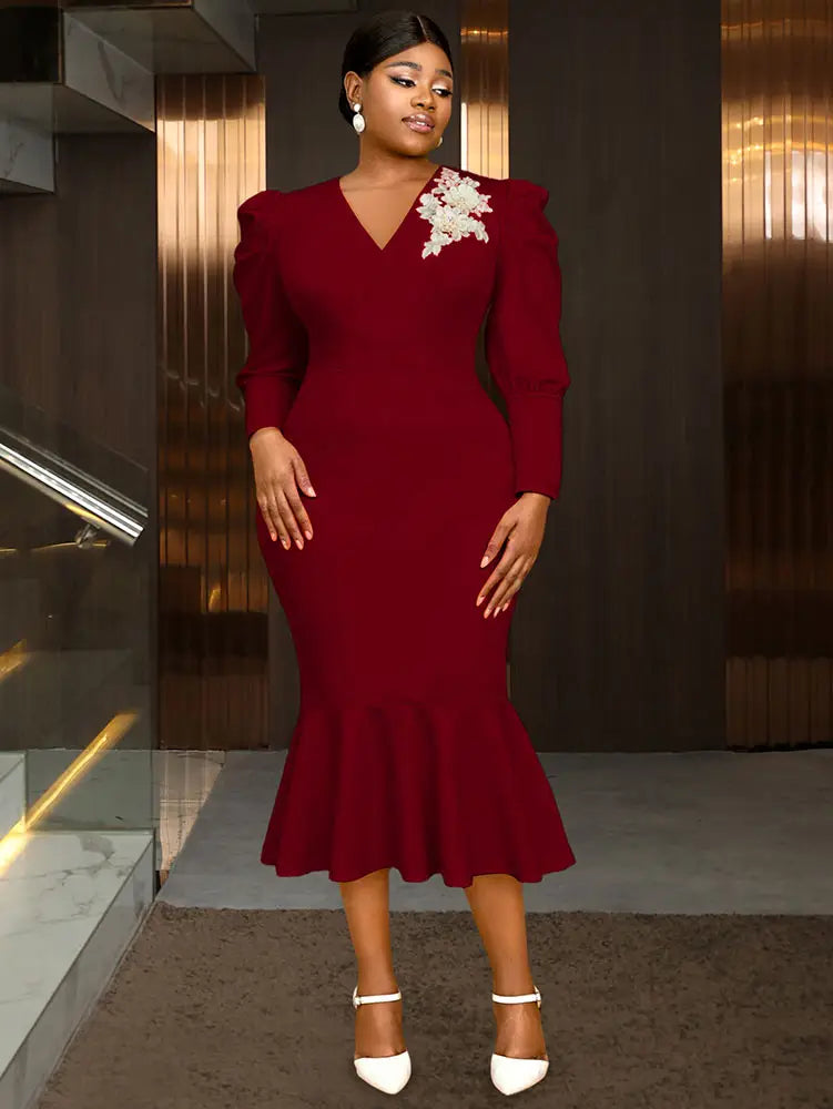 Package Hip Mermaid Dress V Neck Embroidered Puff Sleeve for Party Wine / S