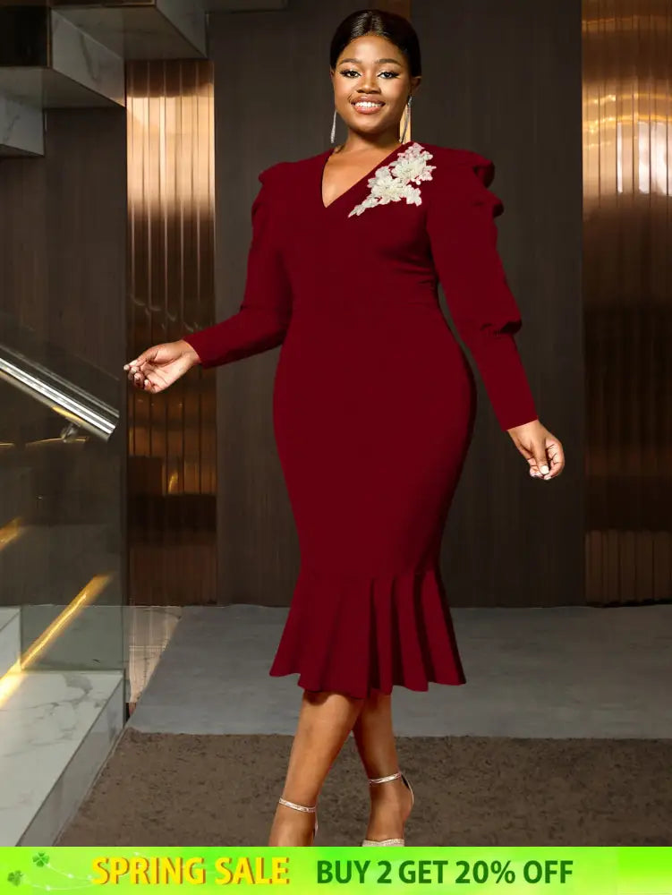 AOMEIDRESS Bodycon Mermaid Dress V Neck Embroidered Puff Sleeve Party Wine / S