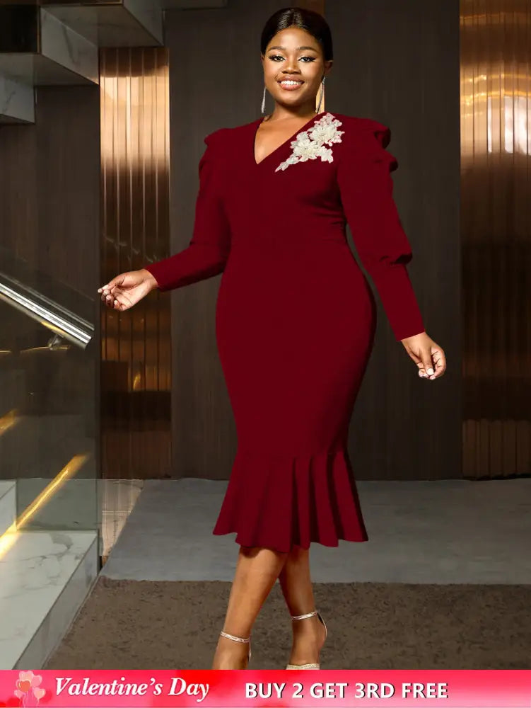 AOMEIDRESS Bodycon Mermaid Dress V Neck Embroidered Puff Sleeve Party Wine / S