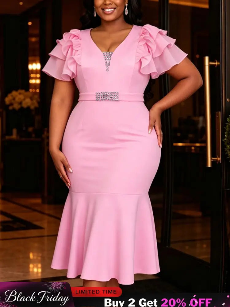 AOMEIDRESS Bodycon Mermaid Midi Dress V Neck Ruffle Sleeve Rhinestone