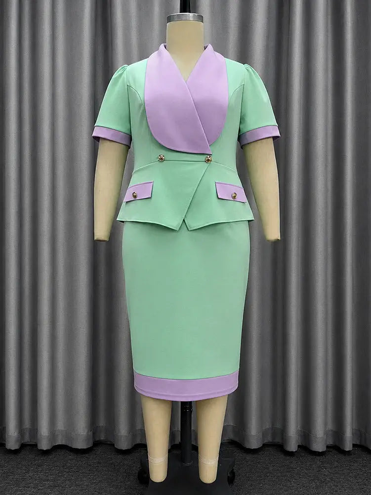 AOMEIDRESS Bodycon Midi Dress Color Block Short Sleeve V Neck Office