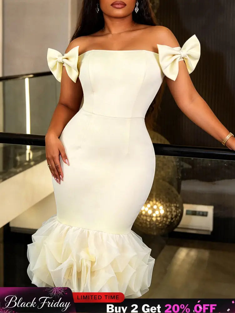 AOMEIDRESS Bodycon Midi Dress Off Shoulder Bow Mesh Patchwork Folds - Apricot / S