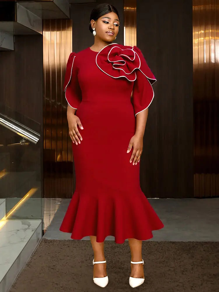 AOMEIDRESS Bodycon Red Mermaid Dress with 3D Flower for Wedding Party