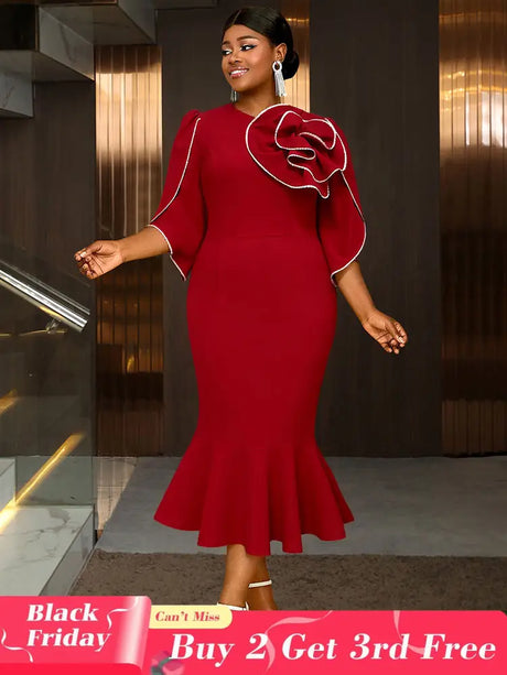 AOMEIDRESS Bodycon Red Mermaid Dress with 3D Flower for Wedding Party Red / S