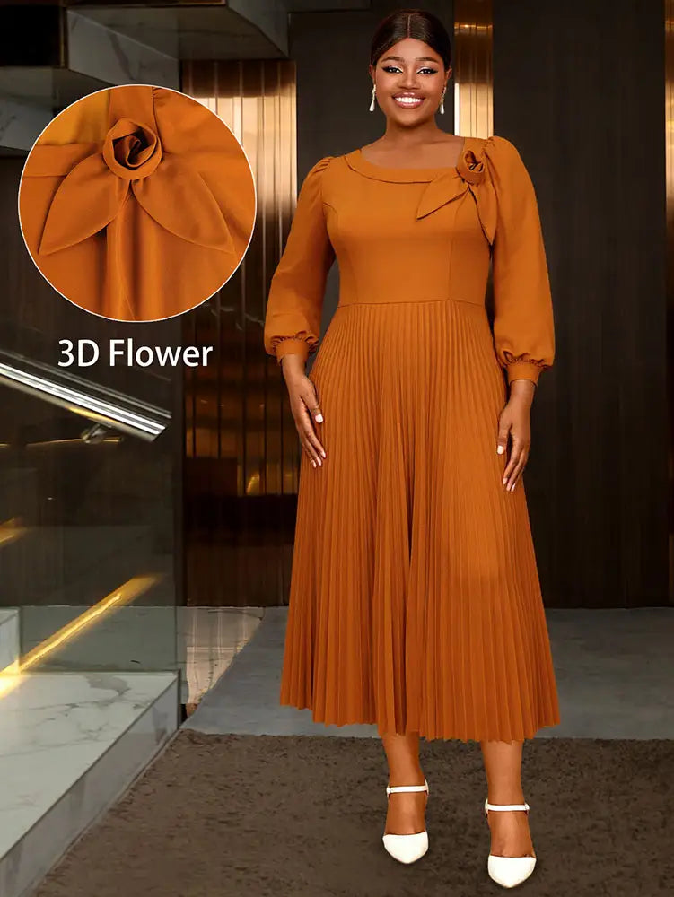 AOMEIDRESS Brown A Line Dress Skew Collar Long Puff Sleeve 3D Flower