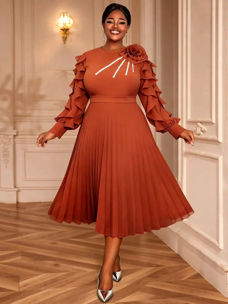 AOMEIDRESS Brown Pleated Chiffon Dress Ruffle Sleeve Party Outfits