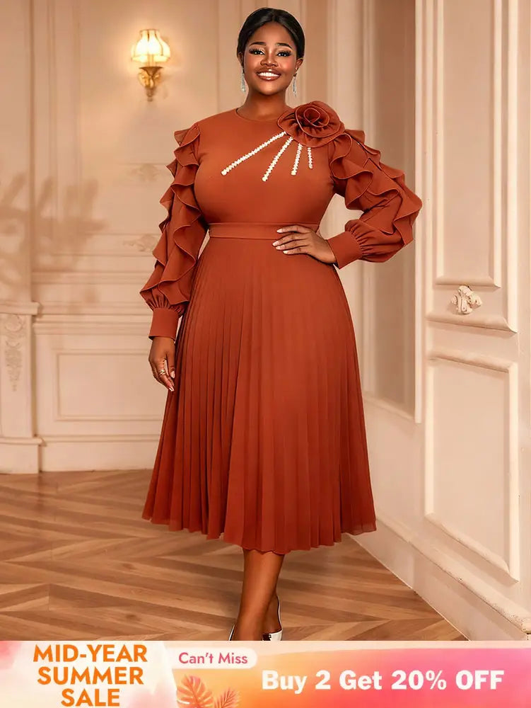 AOMEIDRESS Brown Pleated Chiffon Dress Ruffle Sleeve Party Outfits Brown / M