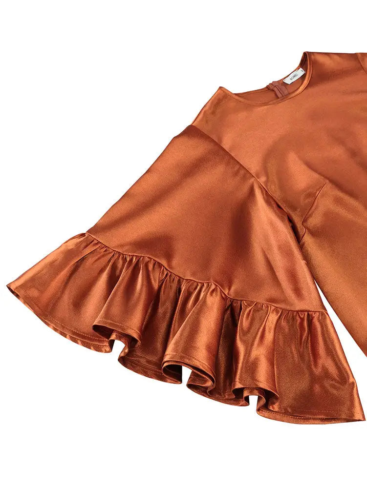 AOMEIDRESS Brown Satin Two Piece Set Butterfly Sleeves Tops Pants