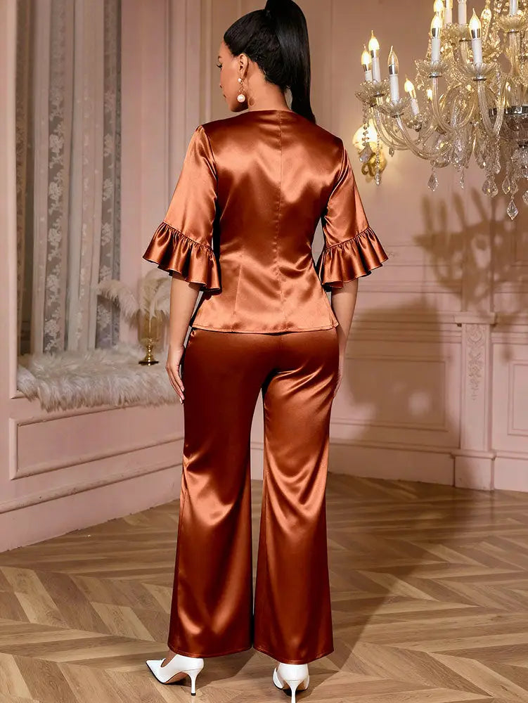 AOMEIDRESS Brown Satin Two Piece Set Butterfly Sleeves Tops Pants