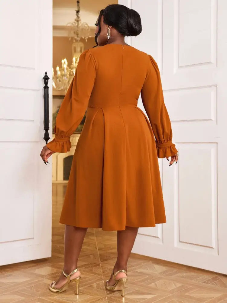 AOMEIDRESS Brown V Neck Dress Nail Bead Ruffles Lantern Sleeve A Line