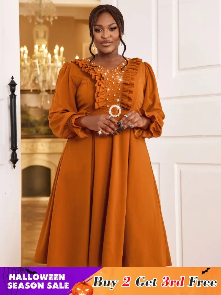 AOMEIDRESS Brown V Neck Dress Nail Bead Ruffles Lantern Sleeve A Line Brown / S