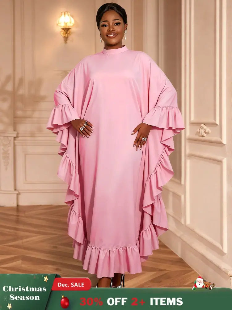 AOMEIDRESS Bubu Dresses Kaftan Loose Ruffles Africa Party Gowns Pink / One Size