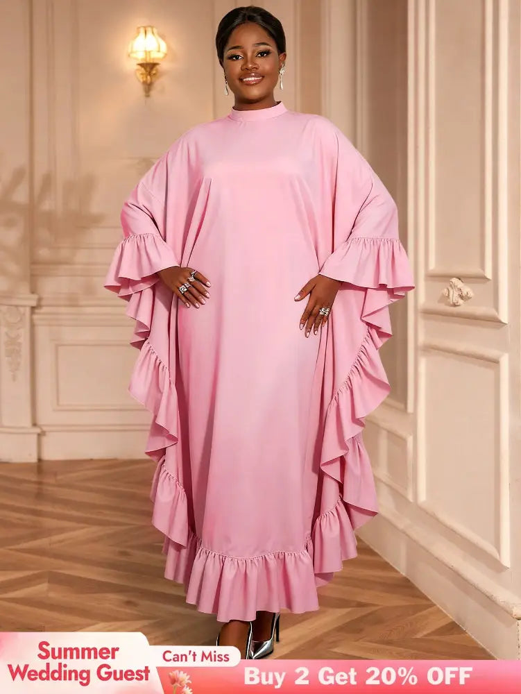 AOMEIDRESS Bubu Dresses Kaftan Loose Ruffles Africa Party Gowns Pink / One Size