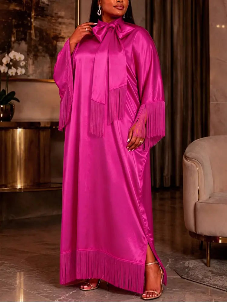 AOMEIDRESS Bubu Dresses Satin Fringe Tie Neck Long Sleeve Loose Maxi - Rose / One Size