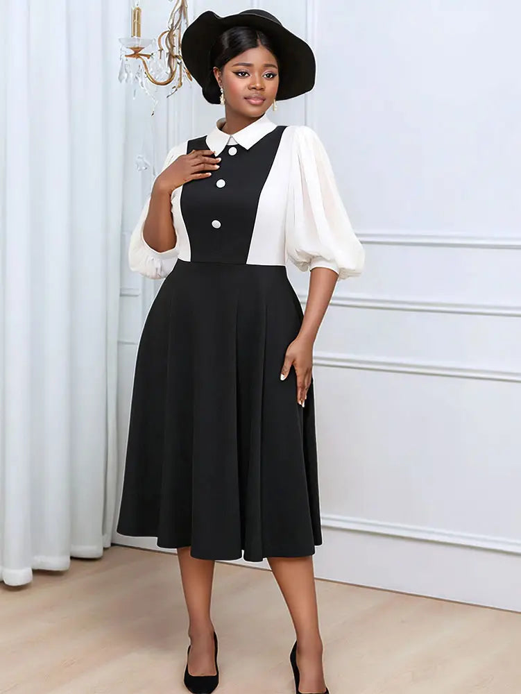 AOMEIDRESS Business Work Dresses Vintage Swing Turn-Down Collar Dress