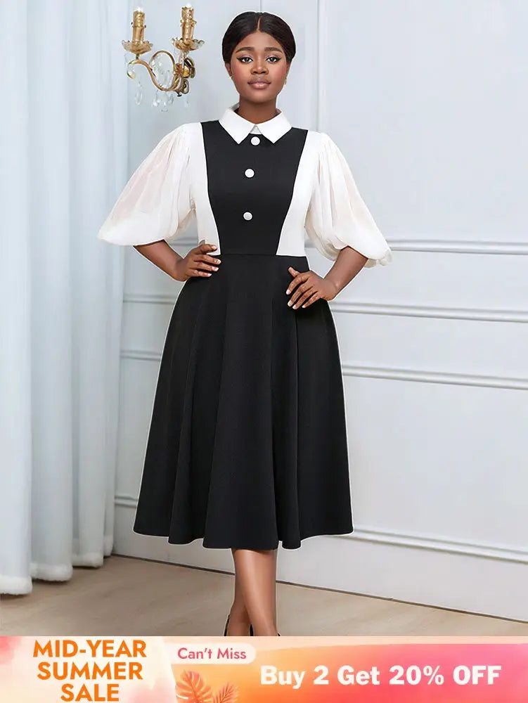 AOMEIDRESS Business Work Dresses Vintage Swing Turn-Down Collar Dress Black / 0XL