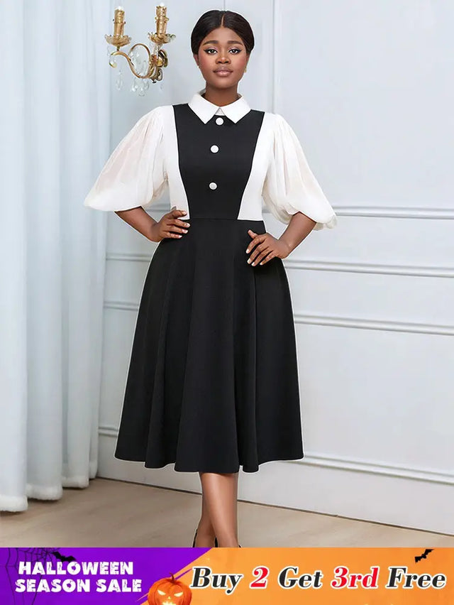 AOMEIDRESS Business Work Dresses Vintage Swing Turn-Down Collar Dress Black / 0XL