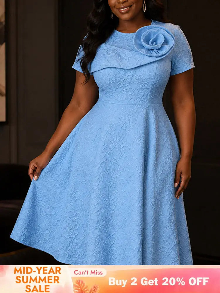 AOMEIDRESS Chic A Line Jacquard Dress O Neck 3D Floral Short Sleeves - Blue / S
