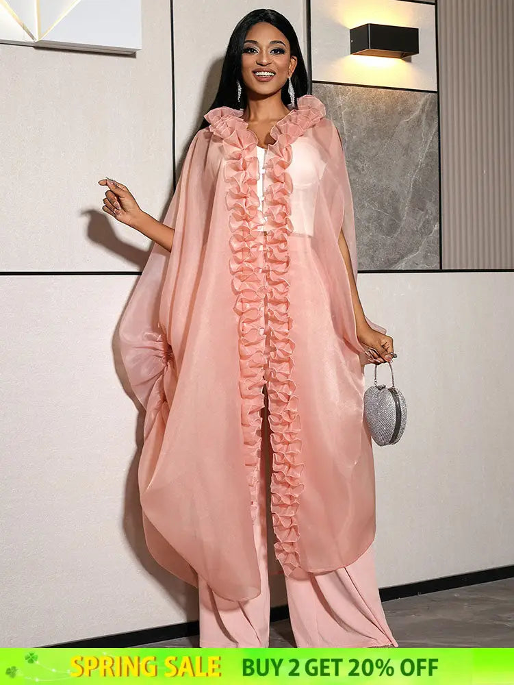 AOMEIDRESS Chic African Two Piece Set Elegant Ruffled Cape Pants Pink / S