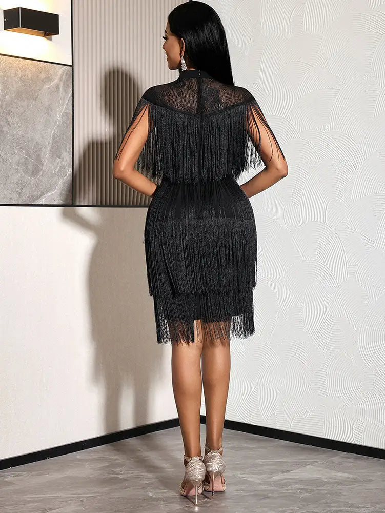AOMEIDRESS Chic Black Fringe Dress Sheer Neckline Package Hip Gowns