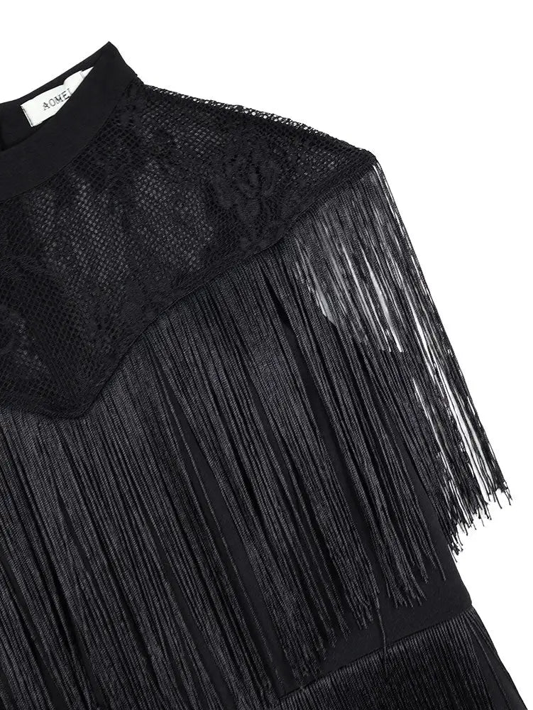 AOMEIDRESS Chic Black Fringe Dress Sheer Neckline Package Hip Gowns