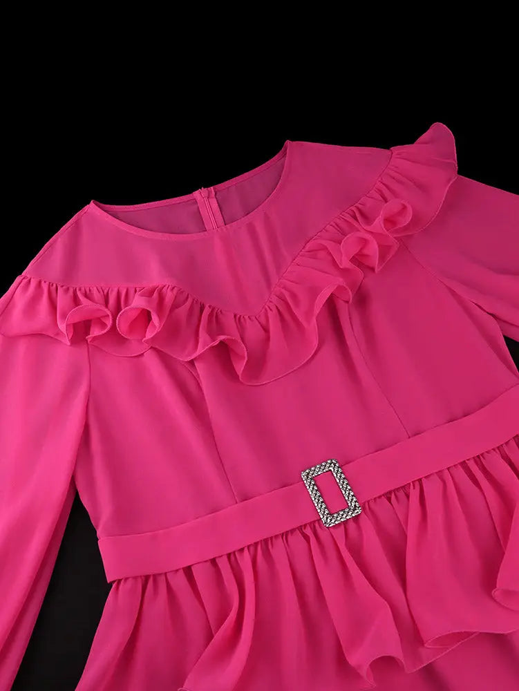 AOMEIDRESS Chic Chiffon Dress O Neck Puff Sleeves Ruffle Belt Peplum