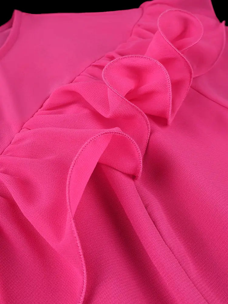AOMEIDRESS Chic Chiffon Dress O Neck Puff Sleeves Ruffle Belt Peplum