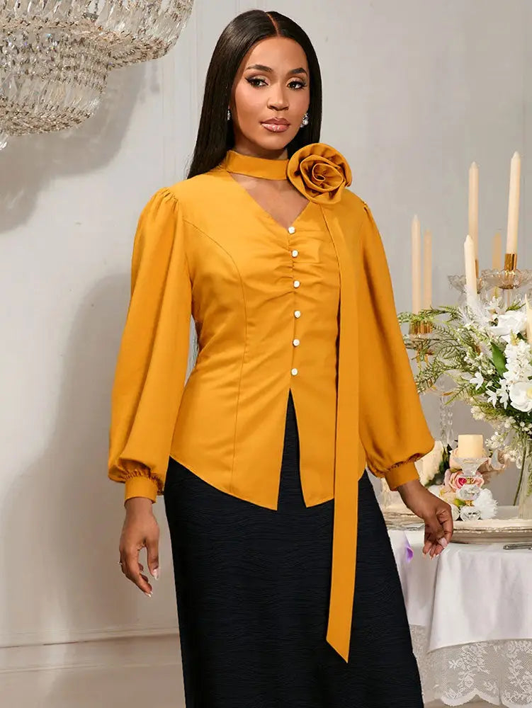 AOMEIDRESS Chic Long Sleeves Blouse 3D Flower Office Meetings Wear