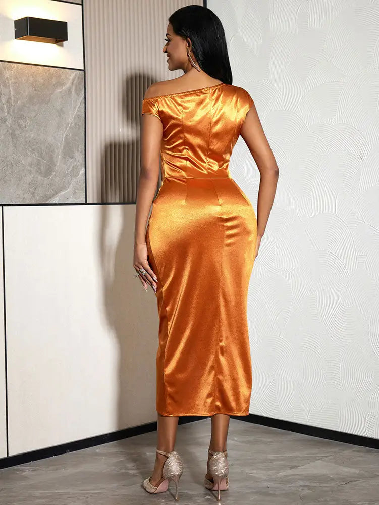 AOMEIDRESS Chic Satin Wrap Dress One Shoulder 3D Floral Formal Gowns