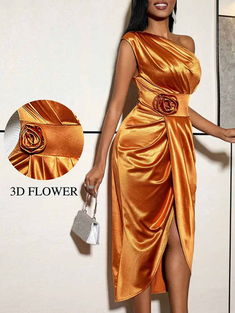 AOMEIDRESS Chic Satin Wrap Dress One Shoulder 3D Floral Formal Gowns