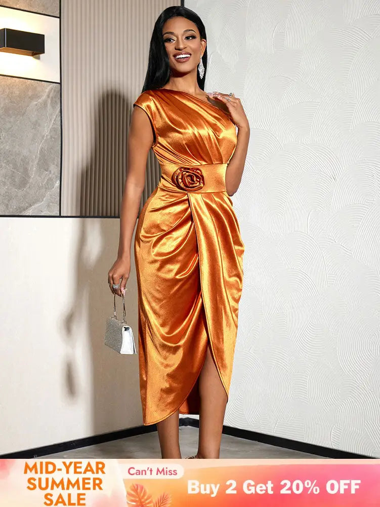 AOMEIDRESS Chic Satin Wrap Dress One Shoulder 3D Floral Formal Gowns Brown / S