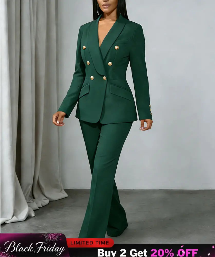 AOMEIDRESS Chic Two Piece Set Buttons Blazer Matching Slim Trousers DarkGreen / S