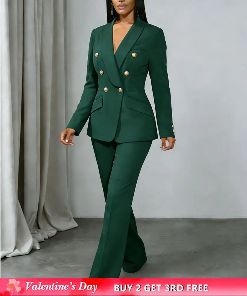 AOMEIDRESS Chic Two Piece Set Buttons Blazer Matching Slim Trousers DarkGreen / S